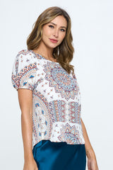 Paisley Print Round Neck Top With Puff Sleeve