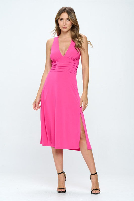 Solid Deep V Neck Lined Dress in Pink