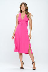 Solid Deep V Neck Lined Dress with Slit