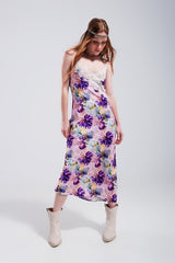V Back Satin Midi Dress in Purple Clashing Floral