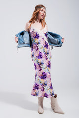 V Back Satin Midi Dress in Purple Clashing Floral