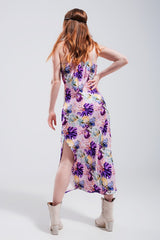 V Back Satin Midi Dress in Purple Clashing Floral