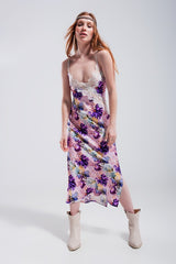 V Back Satin Midi Dress in Purple Clashing Floral