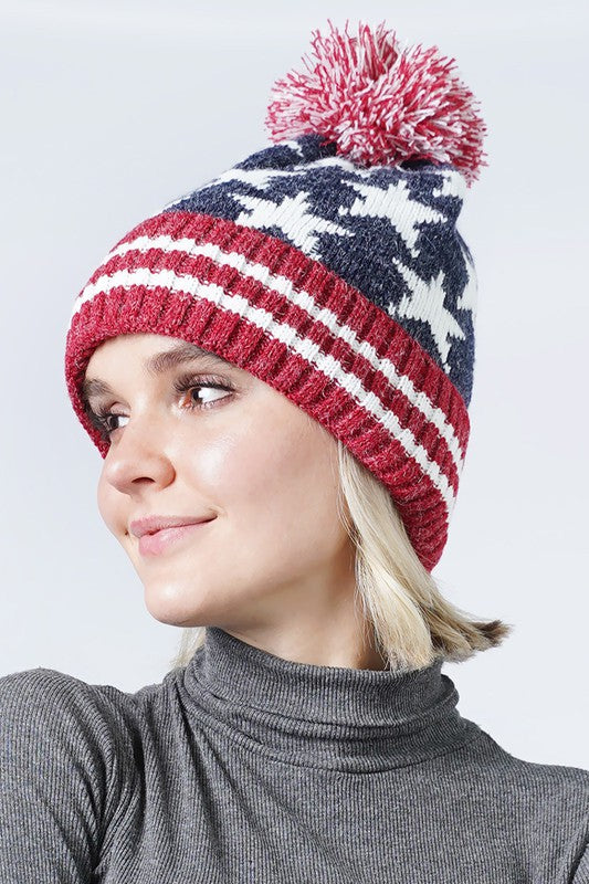 Pom Pom American USA Flag Knit Beanie Hat