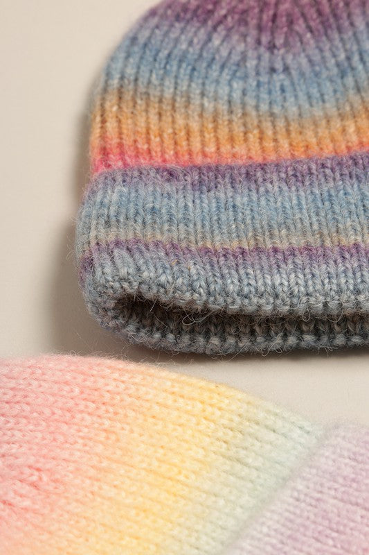 Gradient Ribbed Cuff Knit Beanie Hat