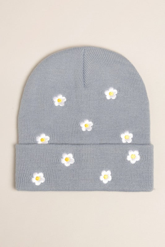 Flower Embroidered Knit Beanie Hat