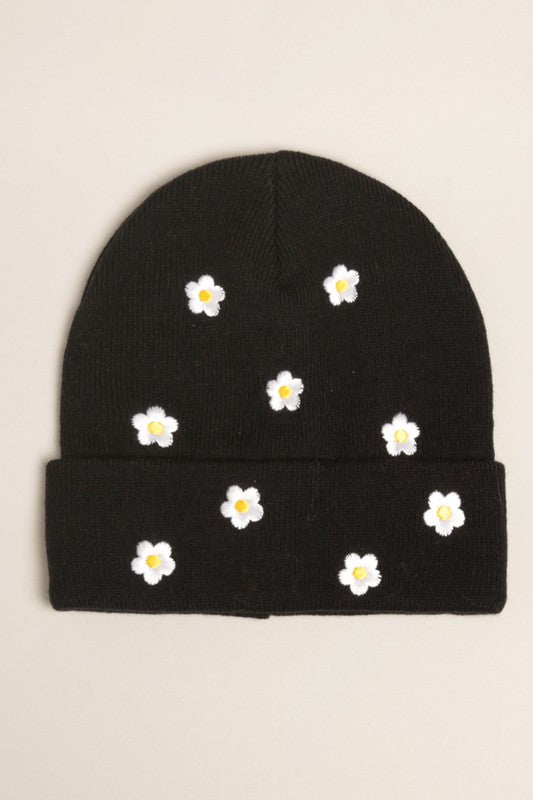 Flower Embroidered Knit Beanie Hat