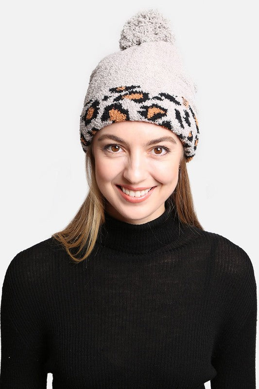 Luxury Soft Beanie Hat w Leopard Print Cuff