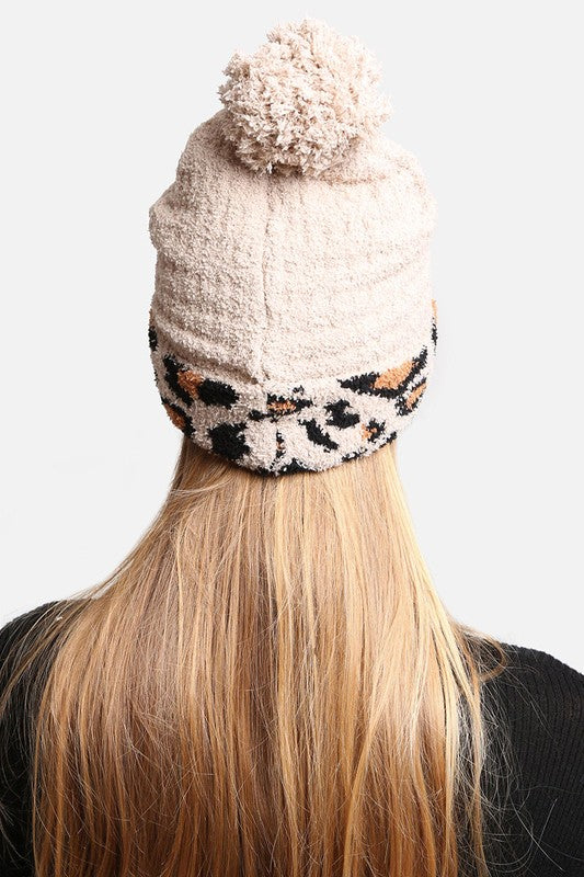 Luxury Soft Beanie Hat w Leopard Print Cuff