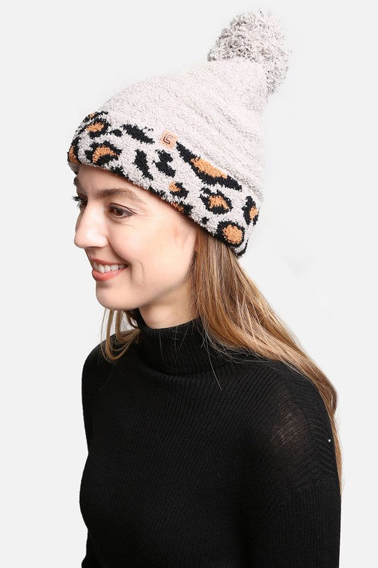 Luxury Soft Beanie Hat w Leopard Print Cuff