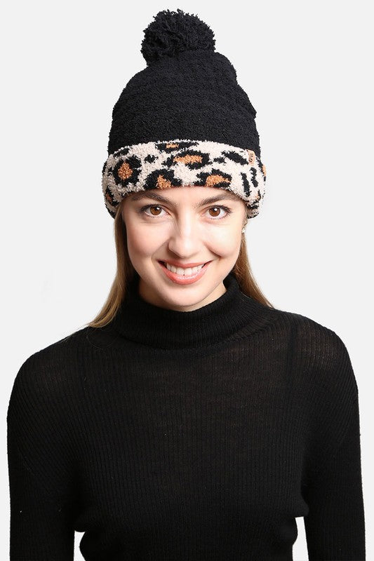 Luxury Soft Beanie Hat w Leopard Print Cuff