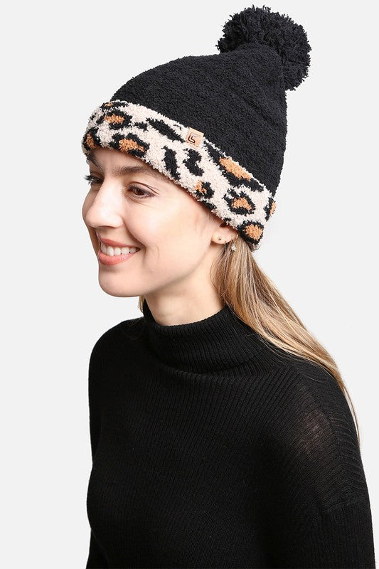 Luxury Soft Beanie Hat w Leopard Print Cuff