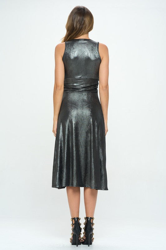 Metallic Solid Deep Black V Neck Lined Dress