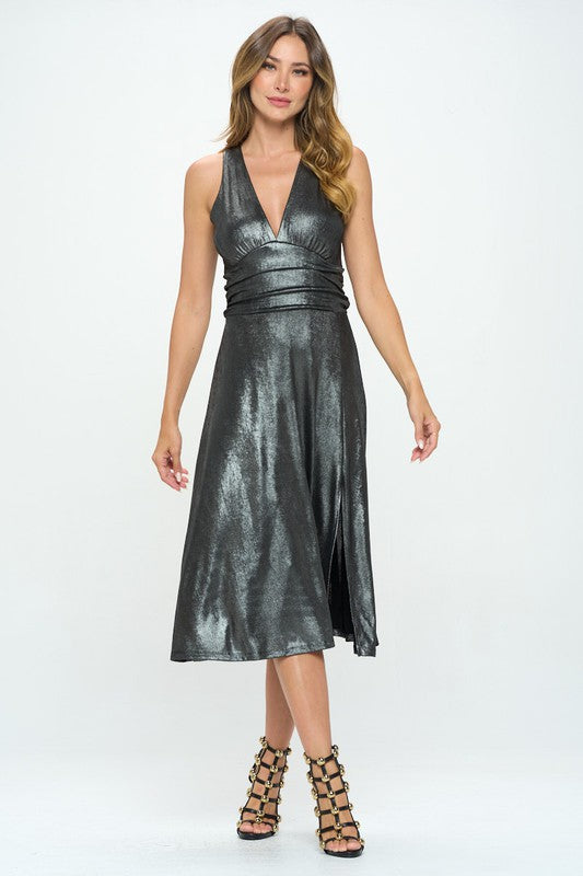 Metallic Solid Deep Black V Neck Lined Dress