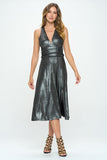 Metallic Solid Deep Black V Neck Lined Dress