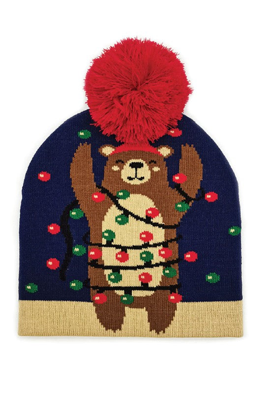 Holiday Bear Print Knit Beanie Hat