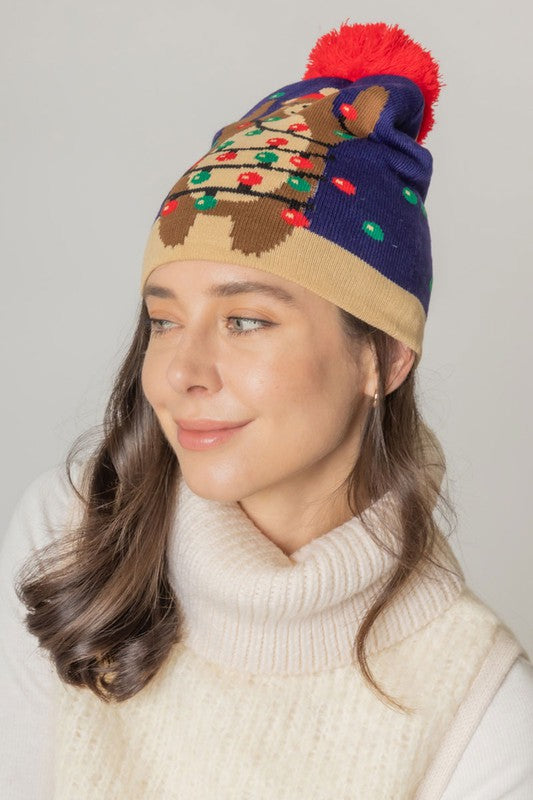 Holiday Bear Print Knit Beanie Hat