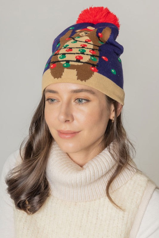 Holiday Bear Print Knit Beanie Hat