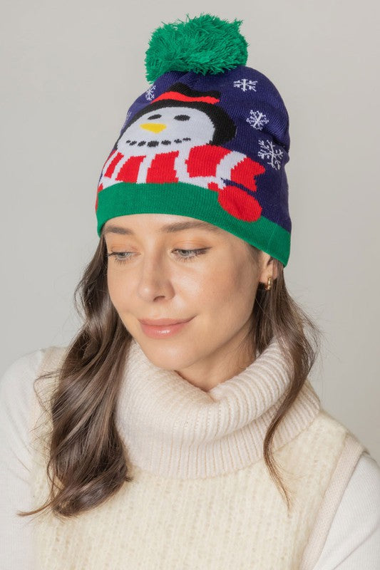 Holiday Snowman Print Knit Beanie Hat