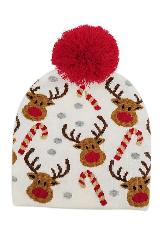 Holiday Reindeer Cancy Can Print Knit Beanie