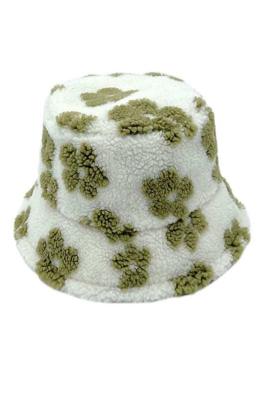 Winter Flower Pattern Sherpa Bucket Hat
