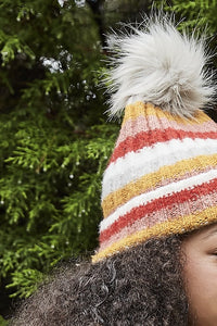 Rainbow Striped Knit Pom Beanie Hat Vegan Faux Fur