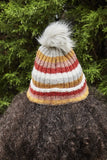 Rainbow Striped Knit Pom Beanie Hat Vegan Faux Fur
