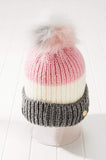 Striped Pom Beanie Hat Vegan Faux Fur