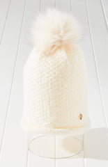 Slouchy Knit Pom Beanie Hat Vegan Faux Fur