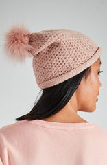 Slouchy Knit Pom Beanie Hat Vegan Faux Fur
