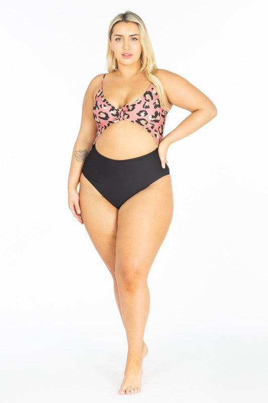 Plus Size Cut Out Pink Leopard Print Swimsuit