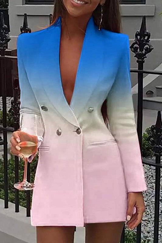 Double Breasted Ombre Color block Blazer Dress 