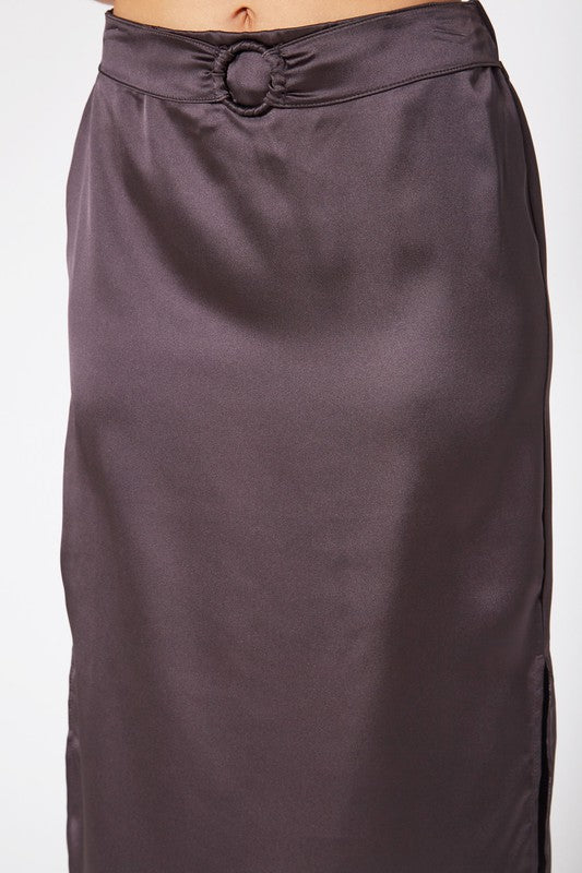 Pleione Satin High Waist Side Slit Midi Skirt