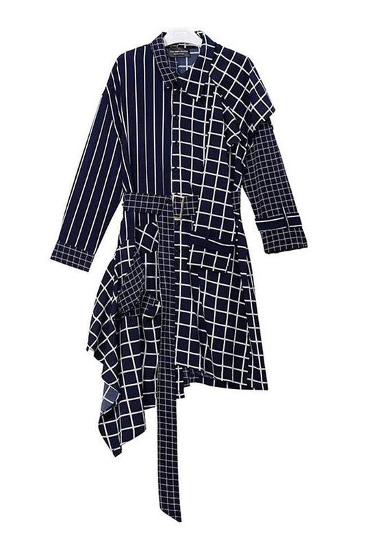 Plaid Print Fake Twopiece Asymmetrical Shirt Dress