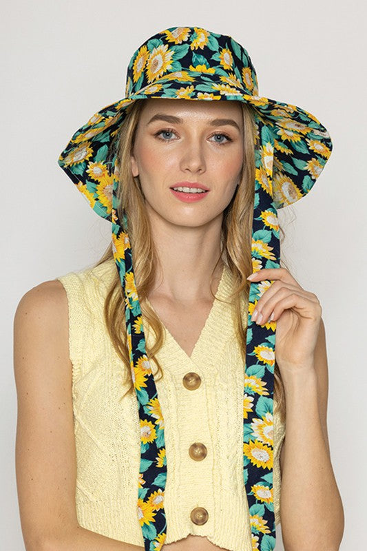 Sunflower Print Chin Tie Sun Bucket Hat