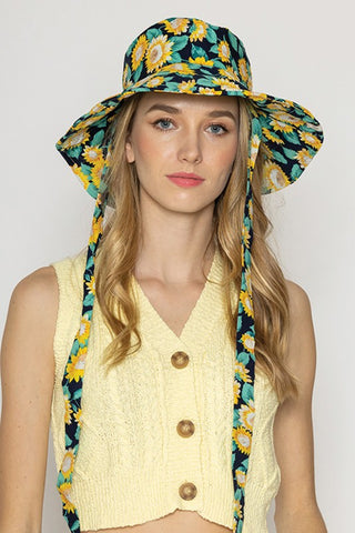 Sunflower Print Chin Tie Sun Bucket Hat