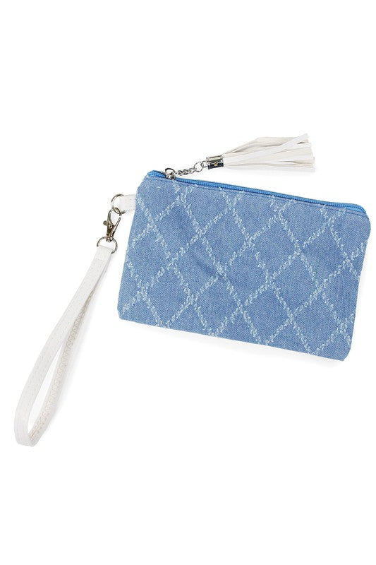 Denim Quilted Print Wallet With Wristlet
