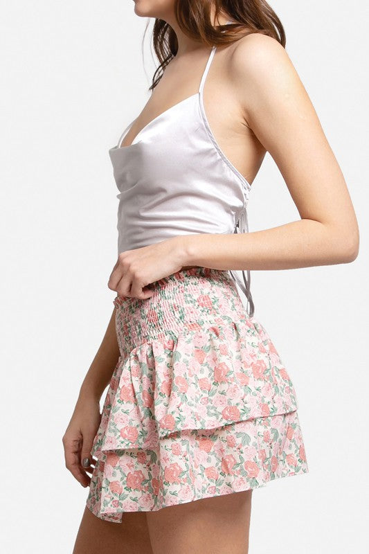 Rose Pattern Ruffle Tiered Mini Skirt