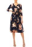 Floral Print, Faux Wrap Dress in Navy