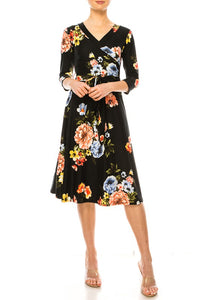 Floral Print, Faux Wrap Dress in Black