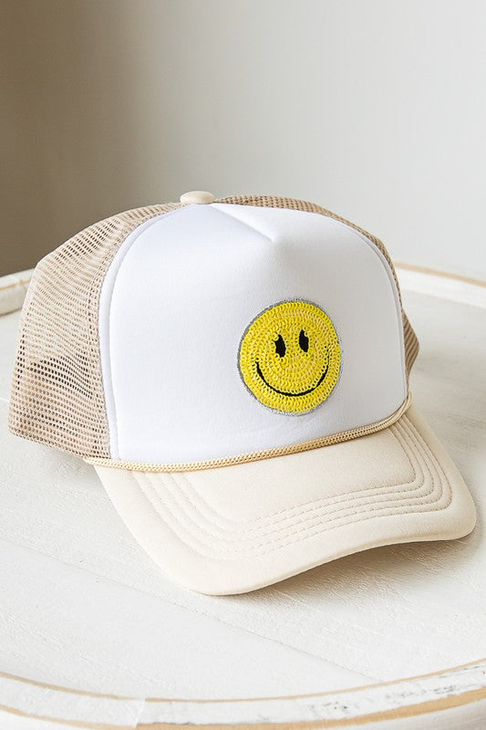 Summer Smiley Face Patch Two Tone Trucker Hat 