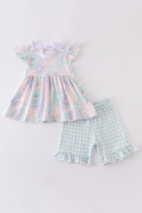 Floral Print Ruffle Plaid Girl Set