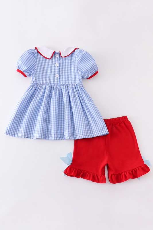 Red Flag Patriotic Embroidery Plaid Girls Dress