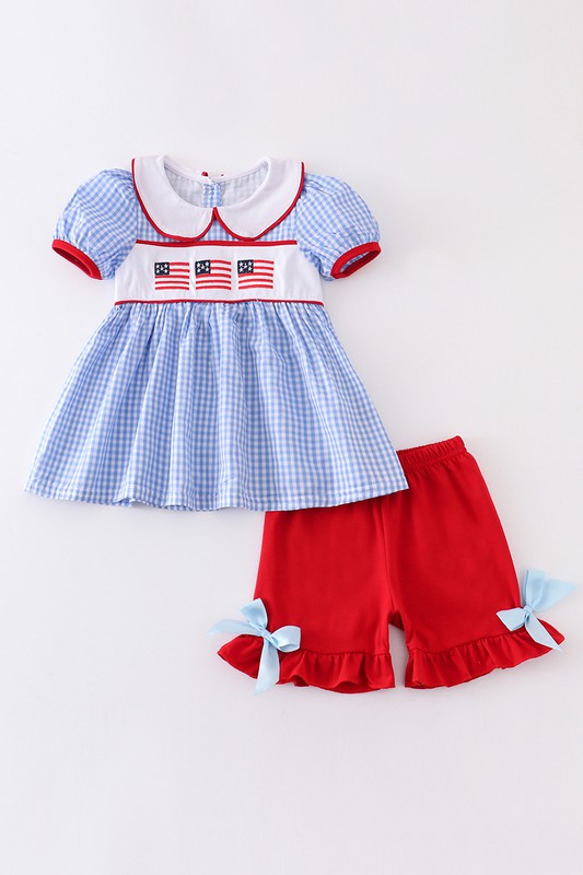 Red Flag Patriotic Embroidery Plaid Girls Dress