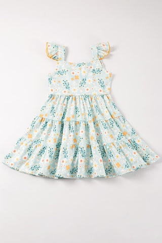 Mint Floral Print Ruffle Tiered Dress