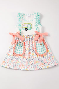 Green Camper Applique Ruffle Pocket Dress