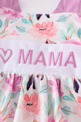 Purple Floral I Love Mama Embroidery Dress 