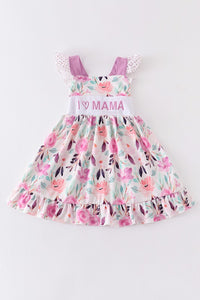 Purple Floral I Love Mama Embroidery Dress 