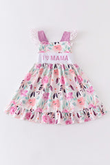 Purple Floral I Love Mama Embroidery Dress 