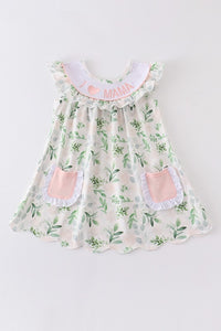 Floral I Love Mama Embroidery Scallop Pocket Dress